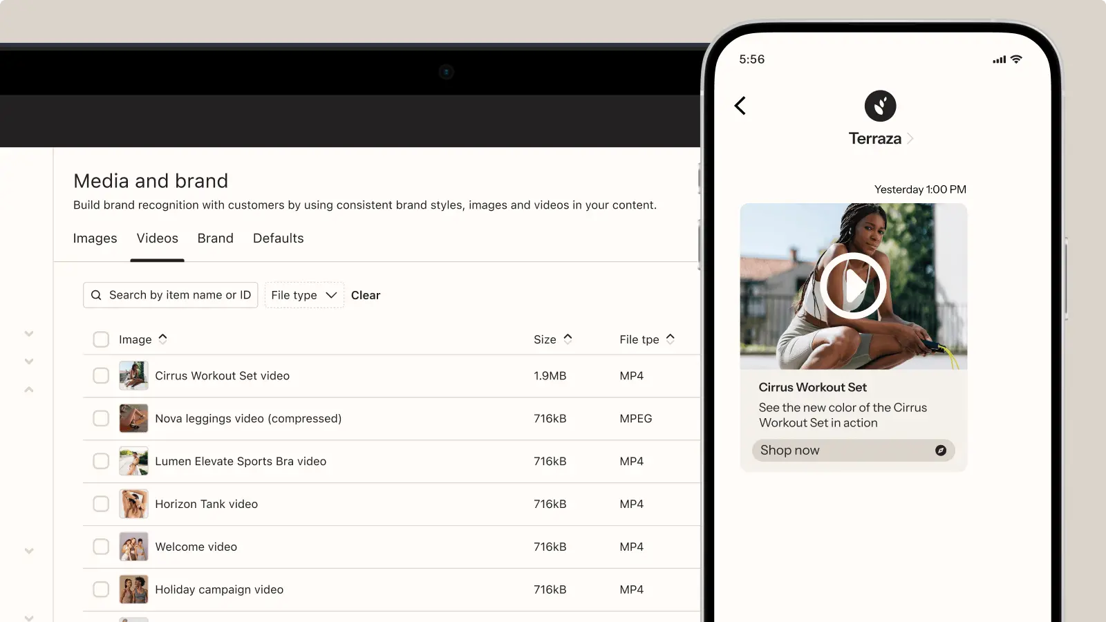 Laptop screen showing a media library with video files listed. A smartphone displays a video ad for the Cirrus Workout Set.
